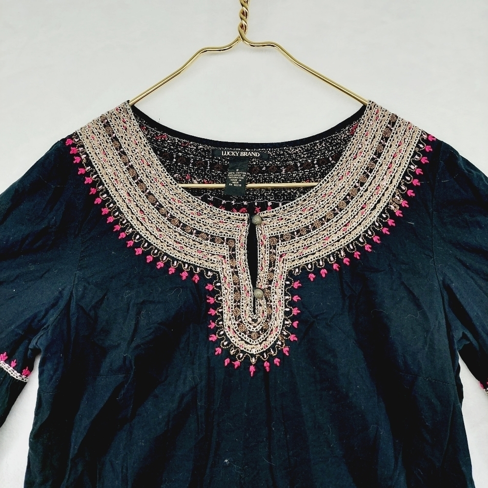 Lucky Brand Boho Embroidered Blue Tunic Style Cotton Long Sleeve Blouse P642